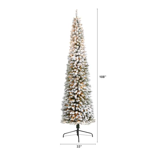 9ft. Pre-Lit Flocked Pencil Artificial Christmas Tree with Clear LED Lights